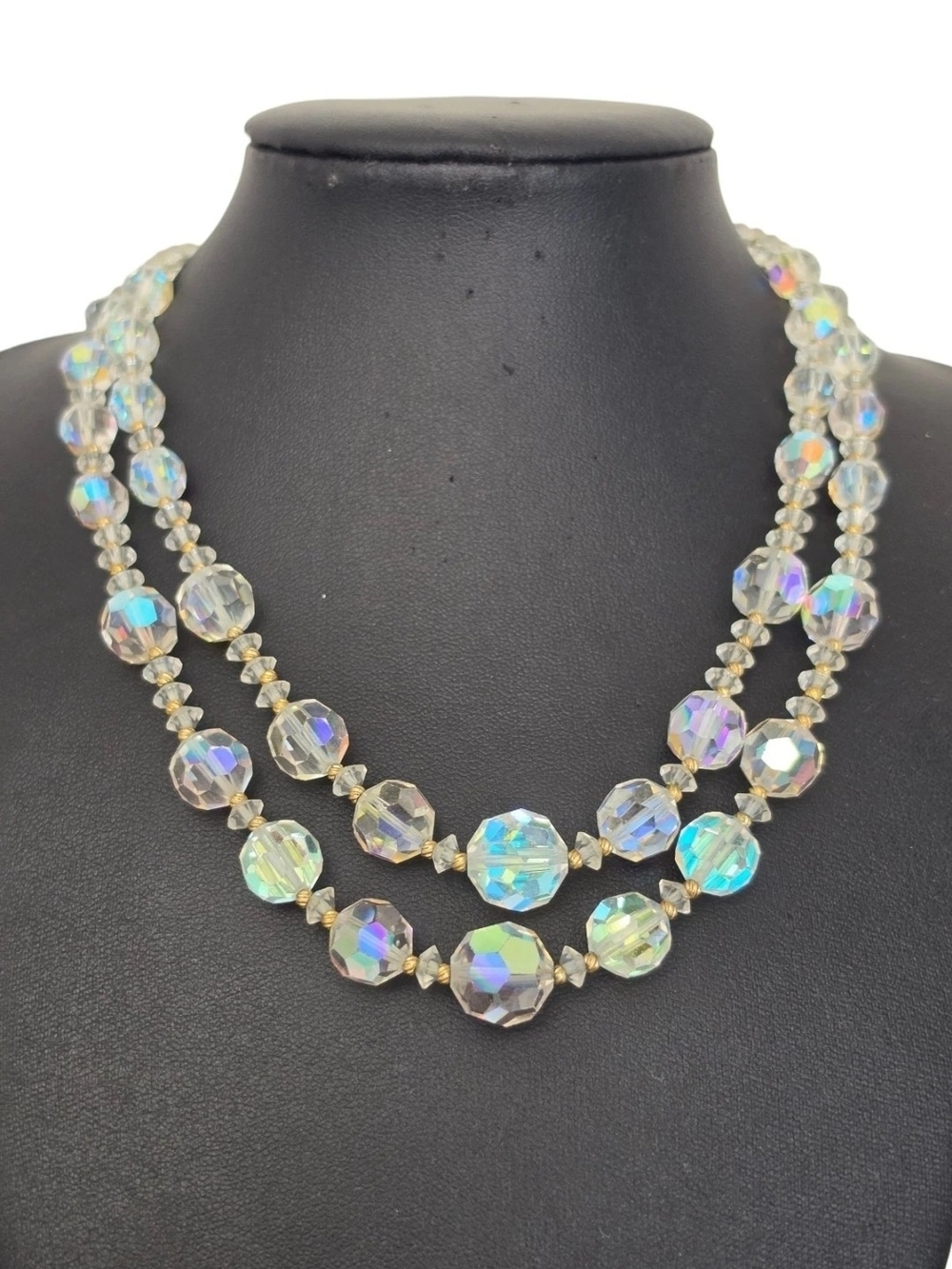 Vintage Vendome Aurora Borealis Crystal Glass Bead Double Strand Necklace 17"